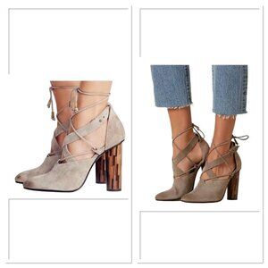 Free People Taupe Nouvella Criss Cross Wrap Chunky Heel Suede Leather Sz 38/6.5‎